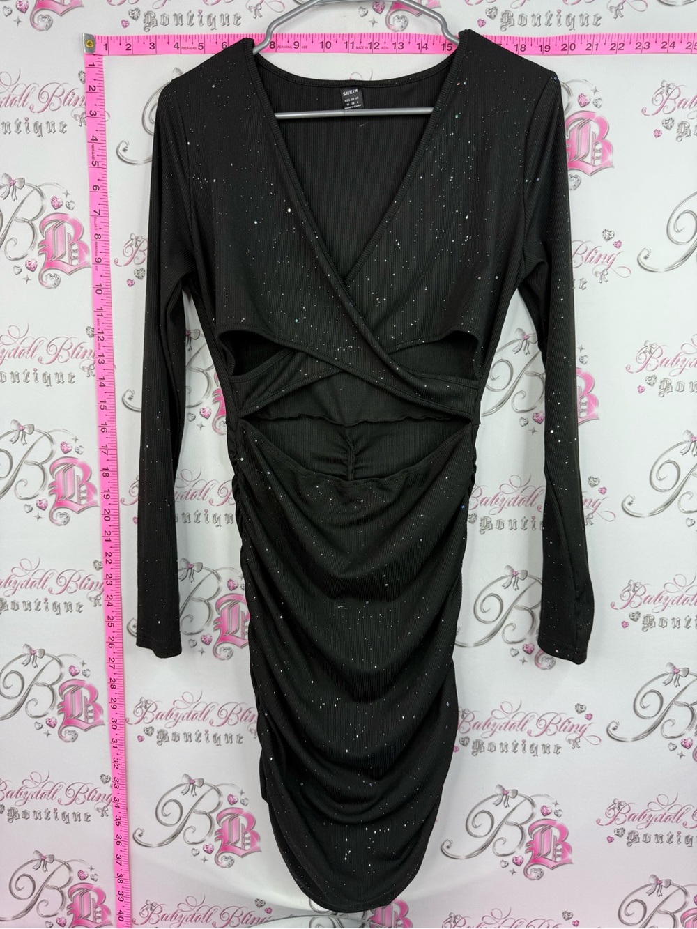 SHEIN dress sparkly Black Sparkle Ruched Cutout Long Sleeve Dress